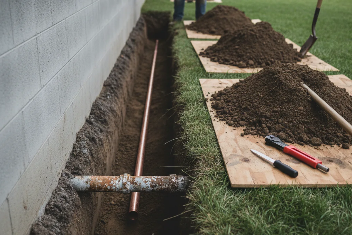 Excavated water line trench during Water Softener Installation in Byers